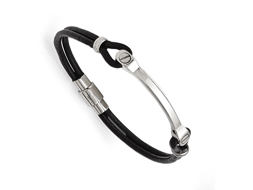 Chisel Stainless Steel Polished Id And Black Leather Bracelet