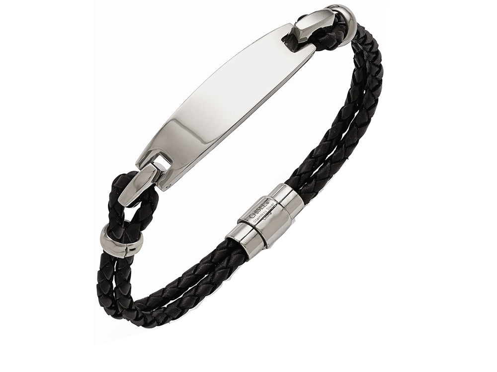 Chisel Stainless Steel Polished Id And Black Woven Leather Bracelet