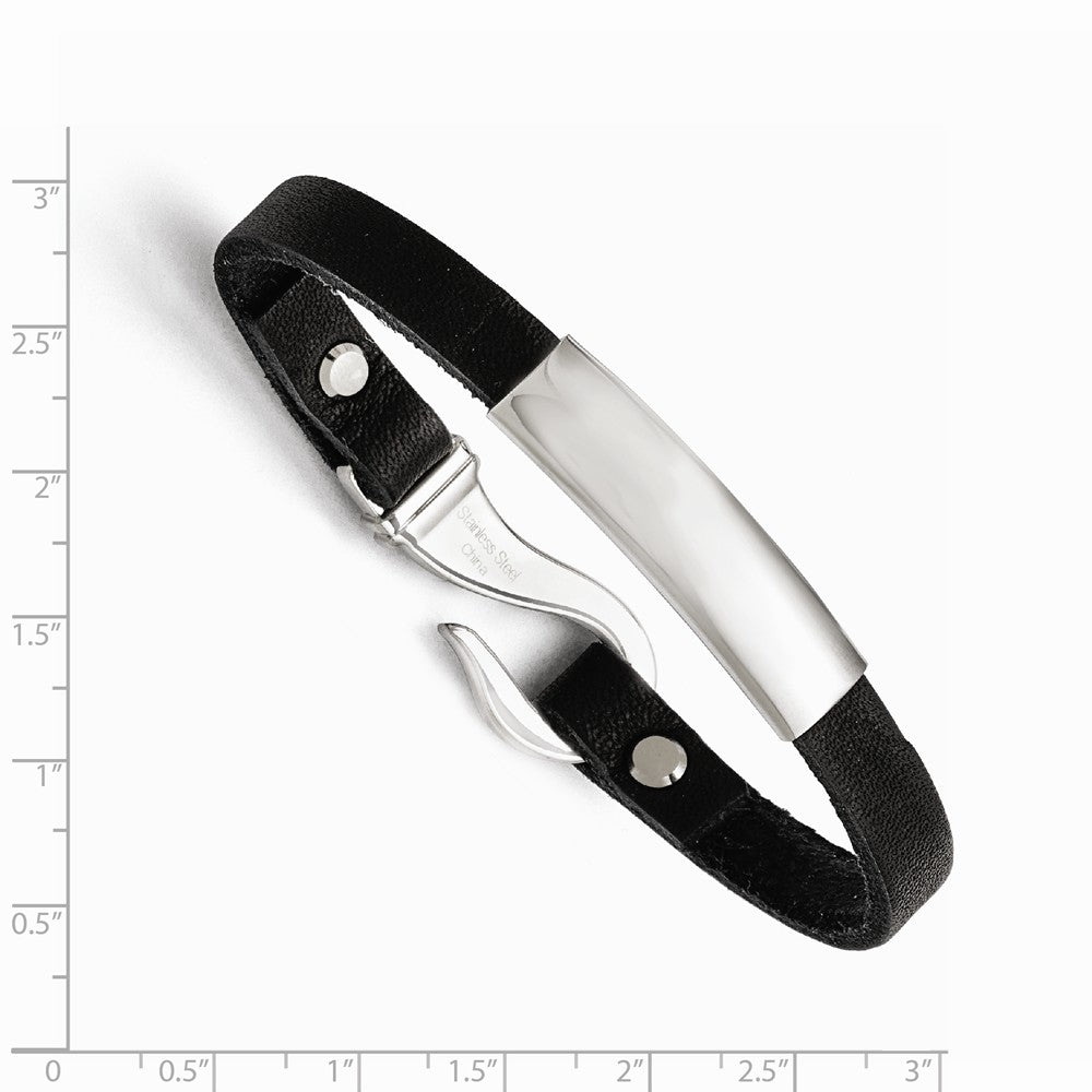 Chisel Stainless Steel Polished Id And Black Leather Bracelet