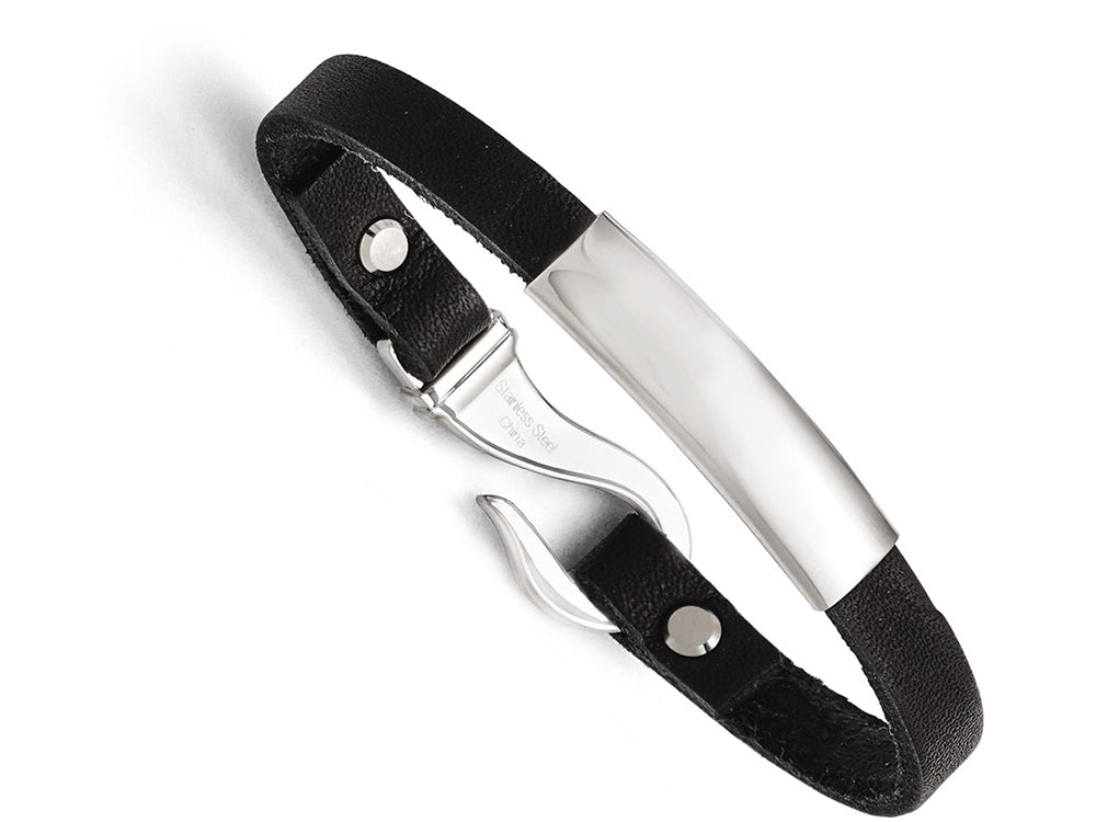Chisel Stainless Steel Polished Id And Black Leather Bracelet