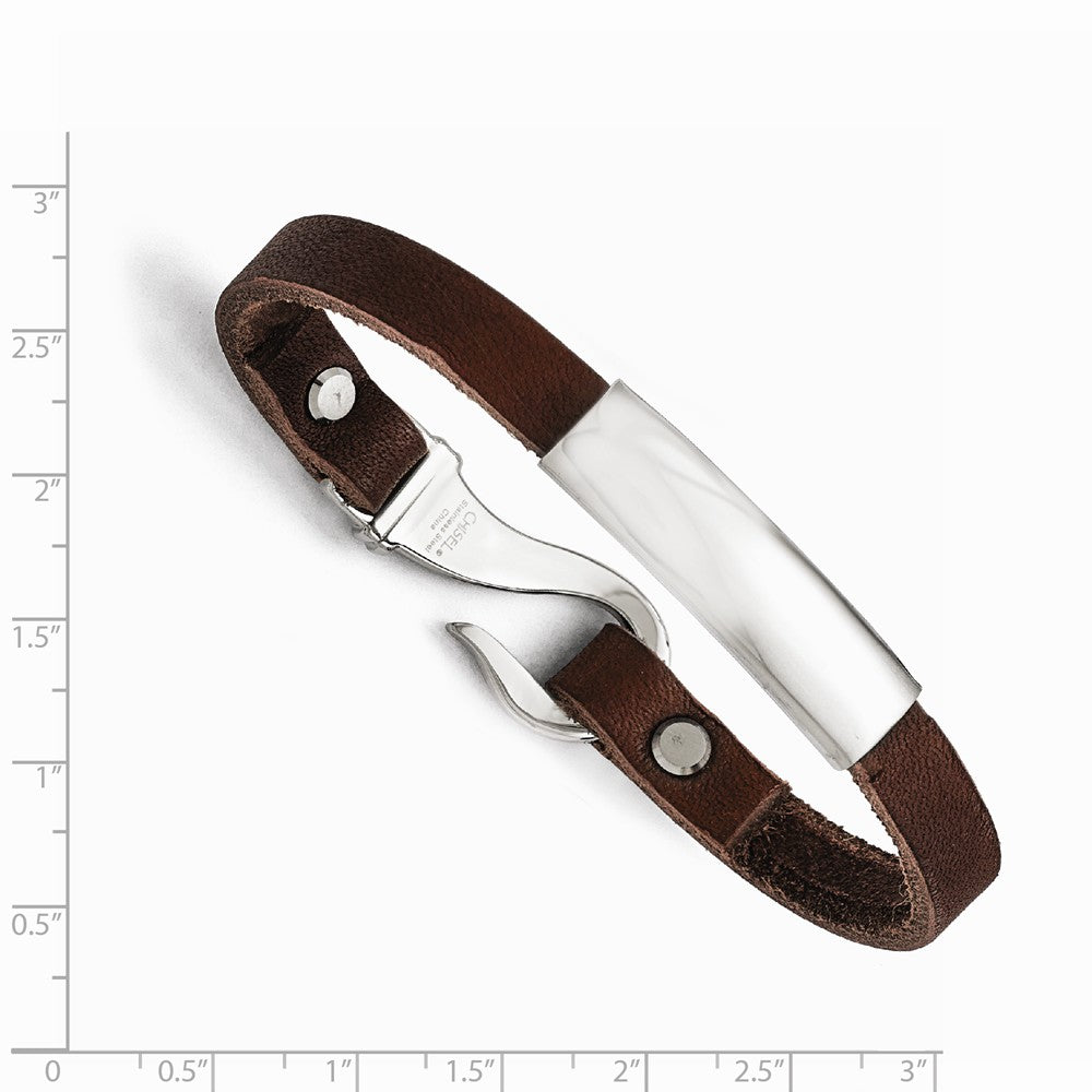 Chisel Stainless Steel Polished Id And Reddish Brown Leather Bracelet