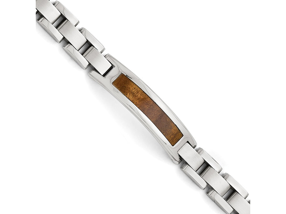 Chisel Stainless Steel Polished/brushed Wood Inlay Enameled Bracelet