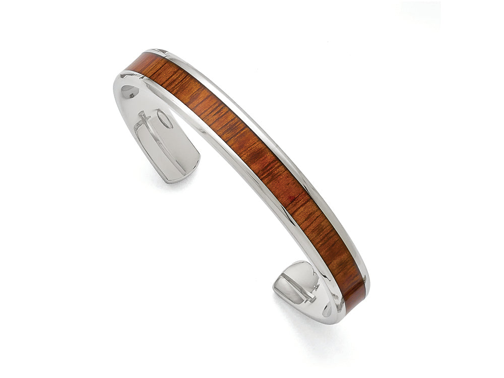 Chisel Stainless Steel Polished Red/orange Wood Inlay Bangle
