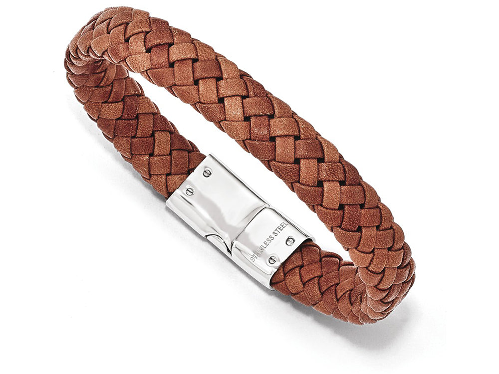Chisel Stainless Steel Polished Woven Brown Leather Bracelet