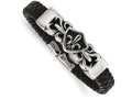 Chisel Stainless Steel Antiqued and Polished Fleur De Lis Black Leather Bracelet