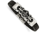 Chisel Stainless Steel Antiqued and Polished Fleur De Lis Black Leather Bracelet