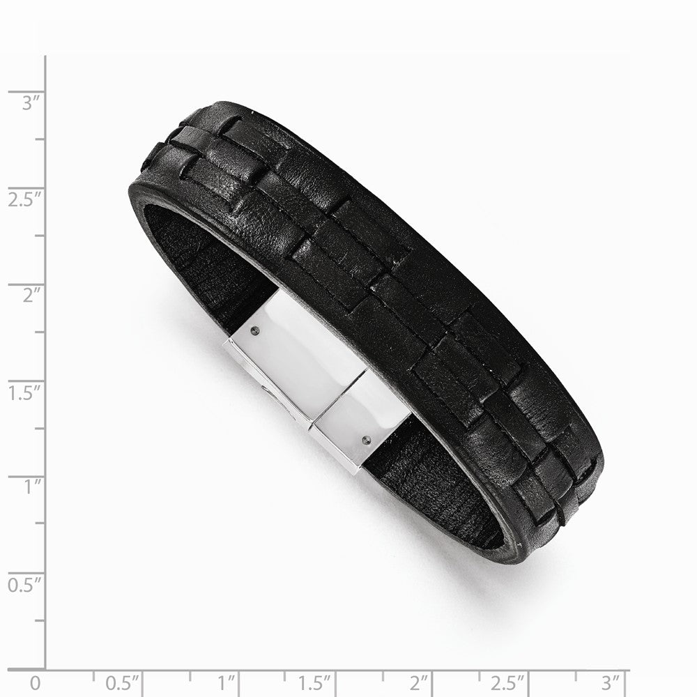 Chisel Stainless Steel Polished Black Leather Bracelet