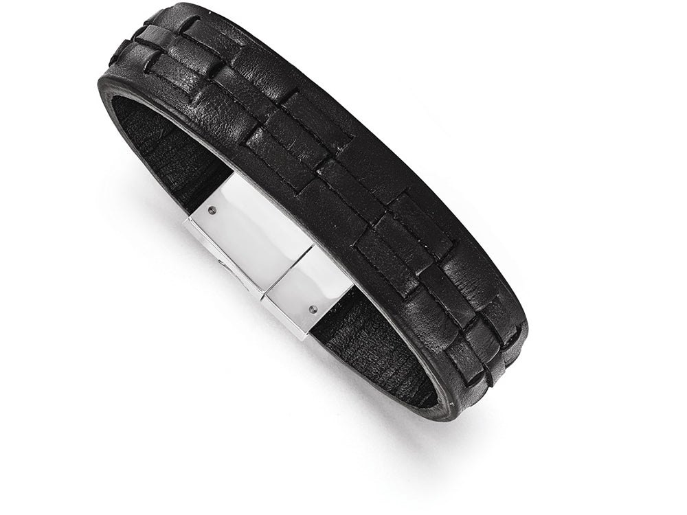 Chisel Stainless Steel Polished Black Leather Bracelet