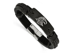 Chisel Stainless Steel Polished Antiqued Eagle Head Black Leather Bracelet