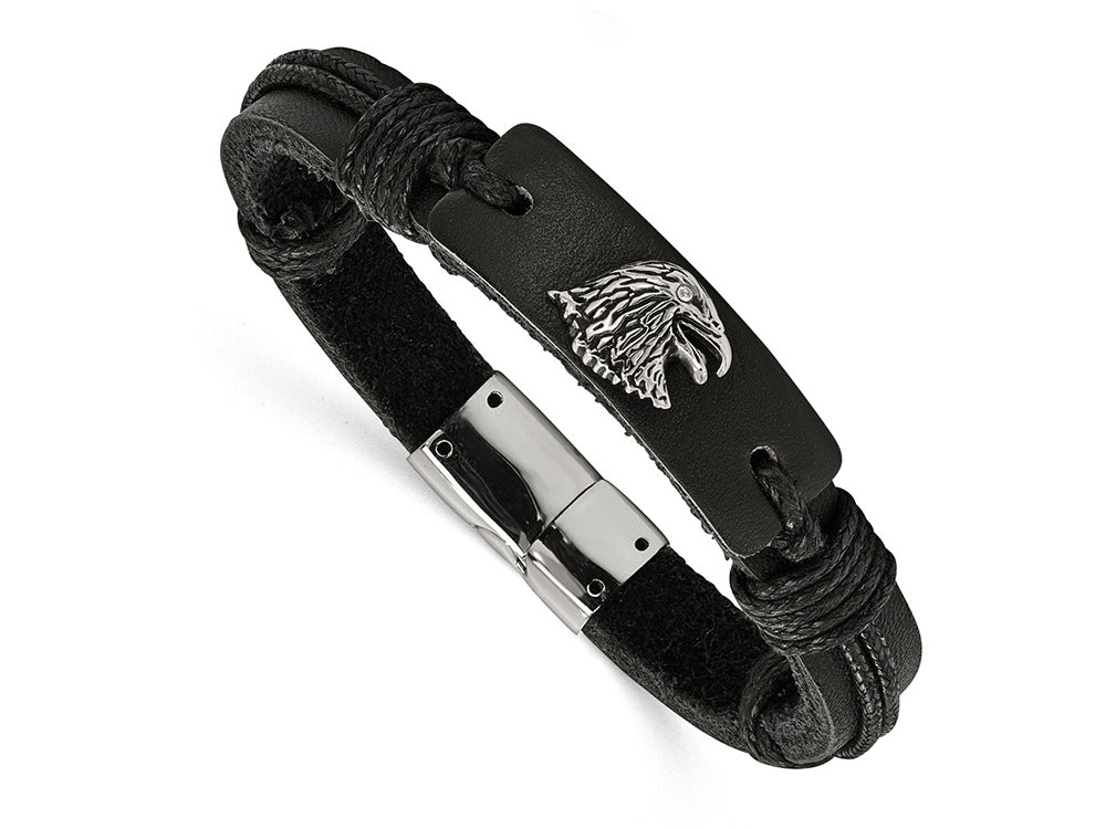 Chisel Stainless Steel Polished Antiqued Eagle Head Black Leather Bracelet