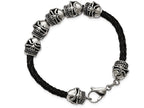 Chisel Stainless Steel Polished Antiqued Leather Skull Bracelet