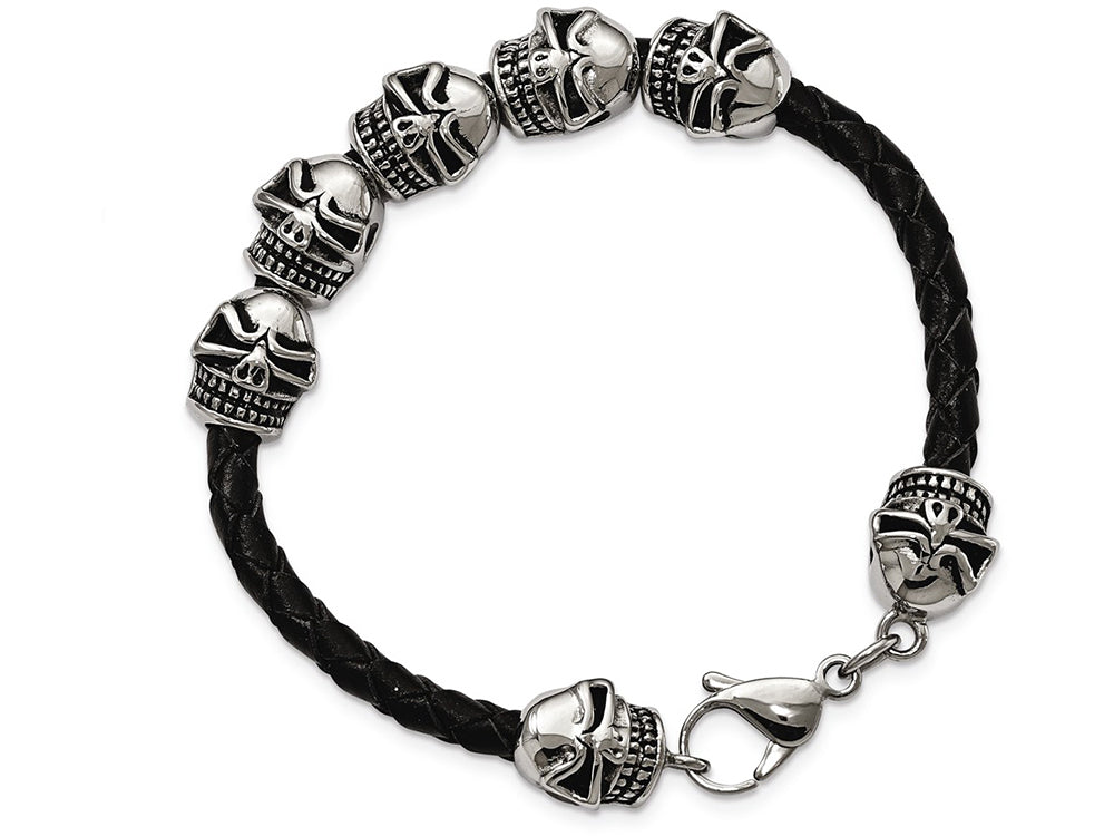 Chisel Stainless Steel Polished Antiqued Leather Skull Bracelet