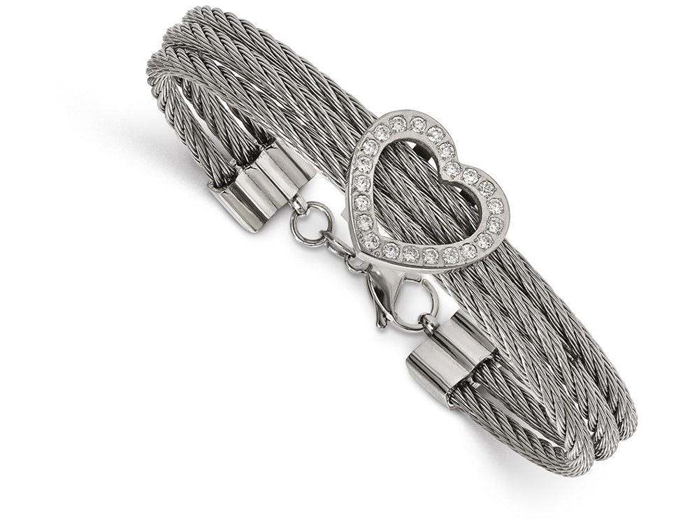 Chisel Stainless Steel Polished Heart W/ CZ Bracelet