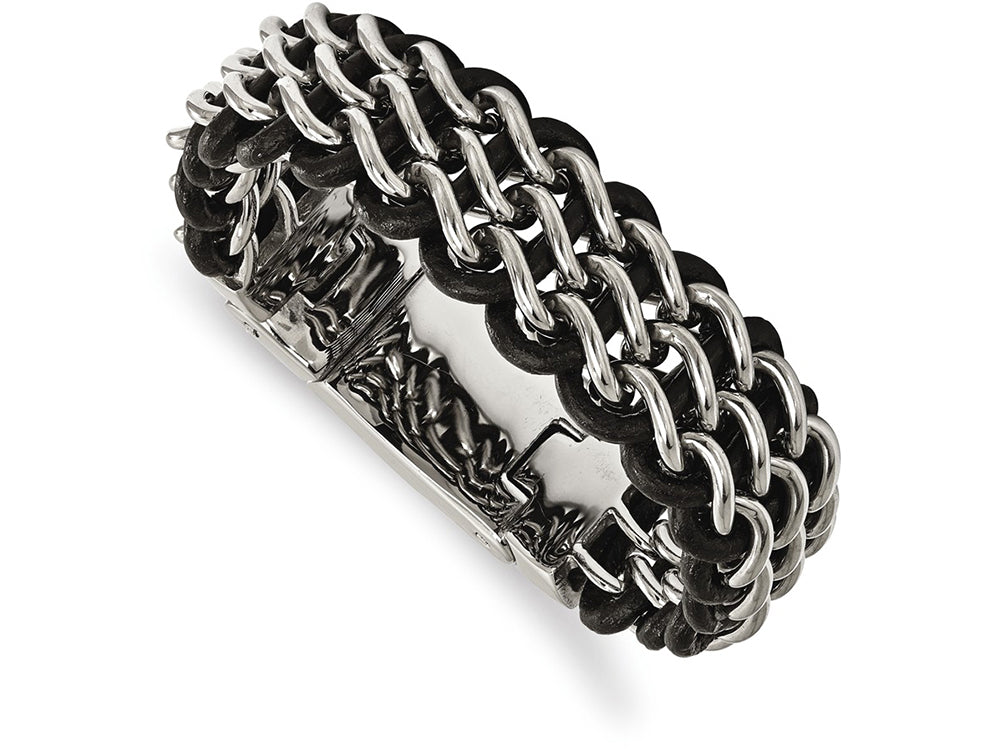 Chisel Stainless Steel Polished Black Leather Bracelet