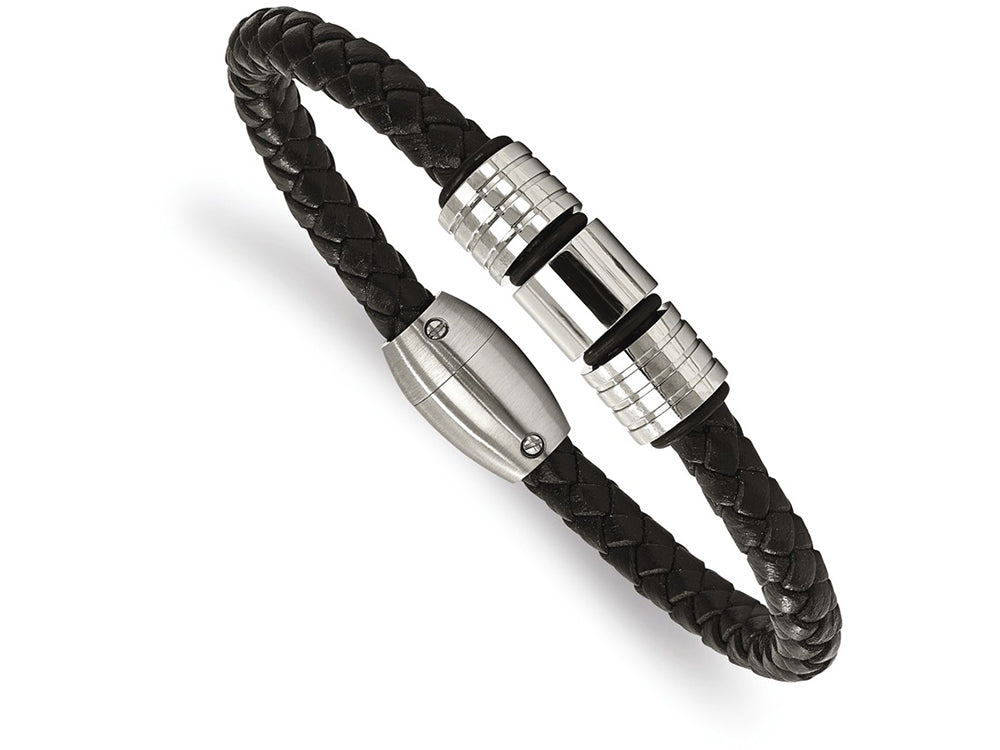 Chisel Stainless Steel Polished And Brushed Leather Bracelet