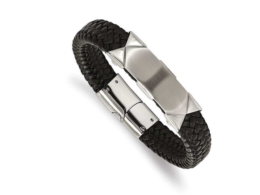 Chisel Stainless Steel Brushed/polished Blk Leather Id Bracelet