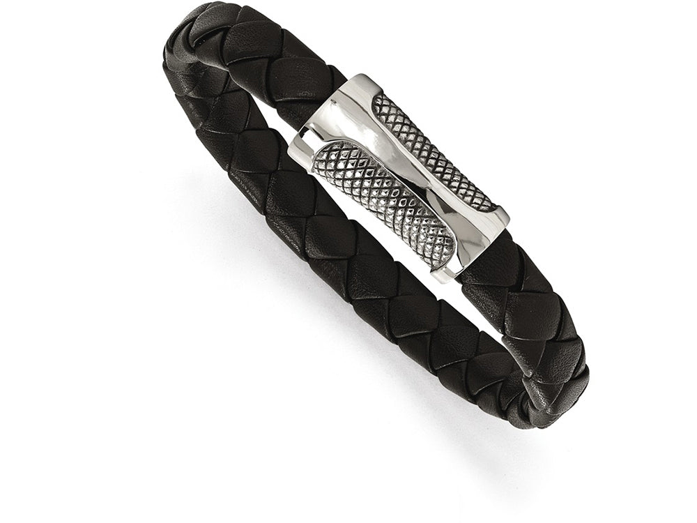 Chisel Stainless Steel Polished Black Leather Textured Bracelet