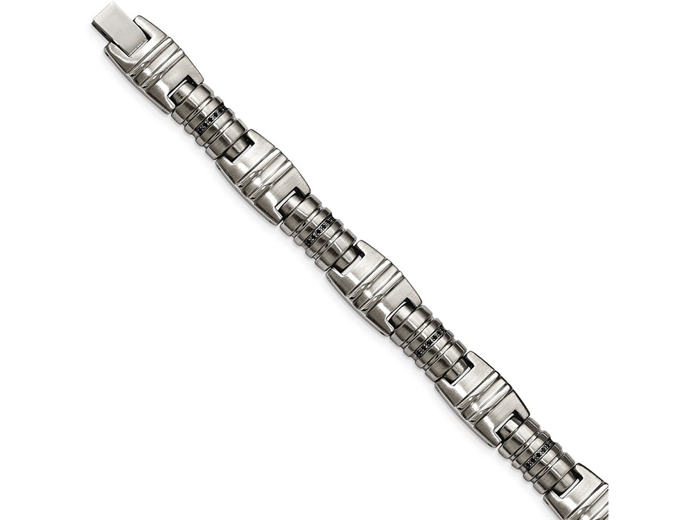 Chisel Stainless Steel Brushed And Polished Black CZ Link Bracelet