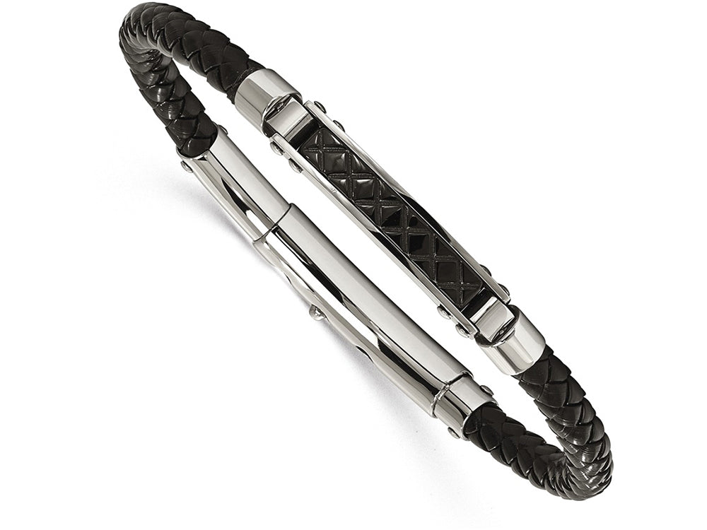 Chisel Stainless Steel Polished Black Leather Black Ip Adj. Bracelet