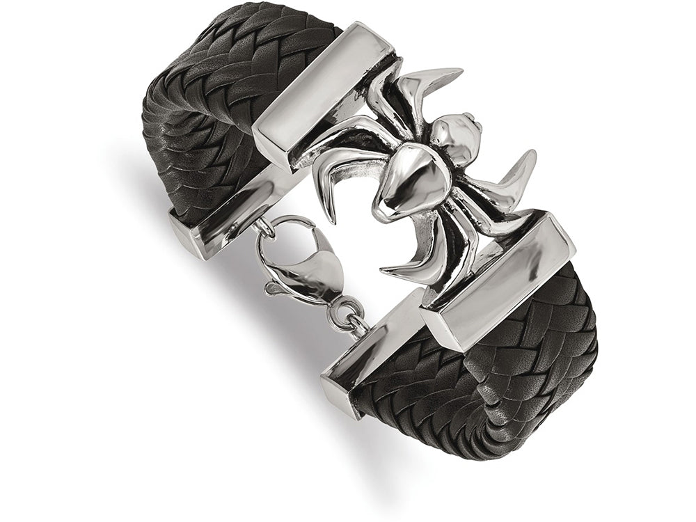 Chisel Stainless Steel Polished Antiqued Blk Leather Spider Bracelet