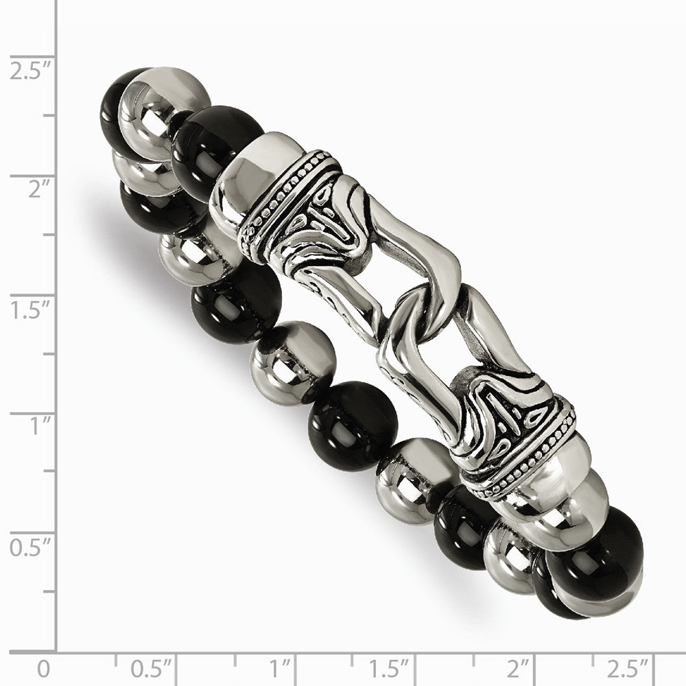 Chisel Stainless Steel Polished Antiqued Black Agate Stretch Bracelet