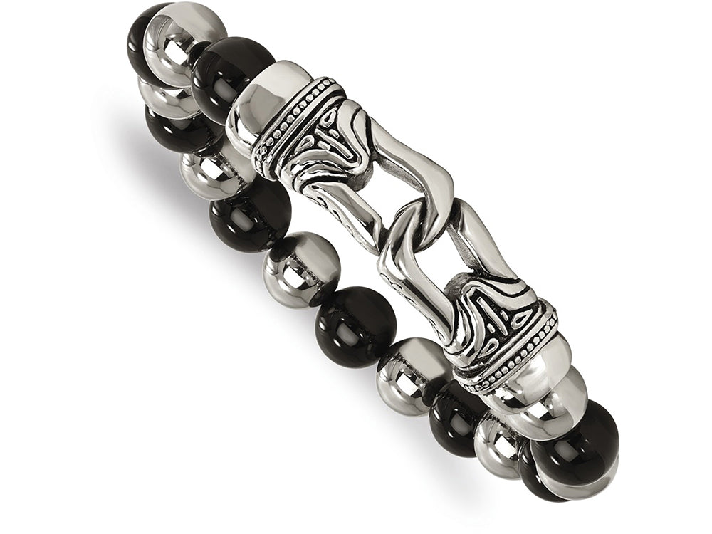 Chisel Stainless Steel Polished Antiqued Black Agate Stretch Bracelet