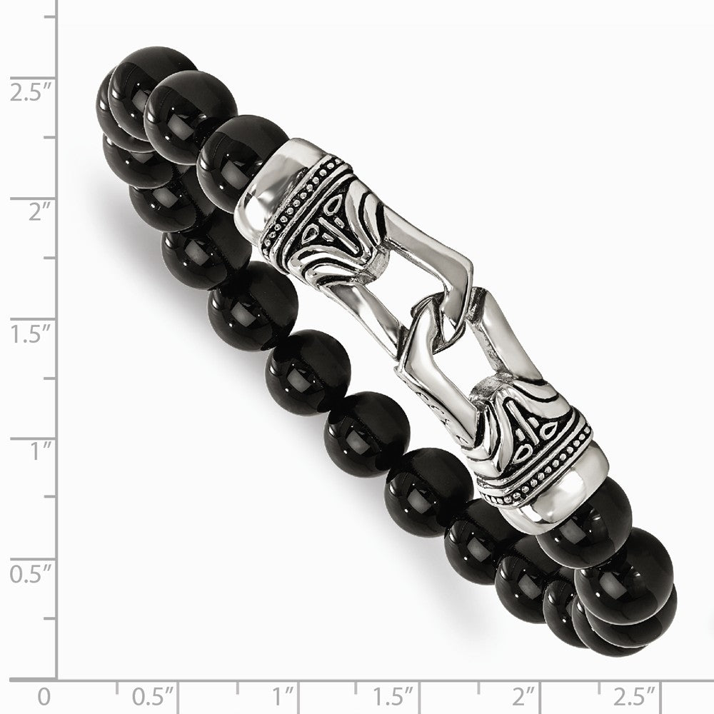 Chisel Stainless Steel Polished Antiqued Black Agate Stretch Bracelet