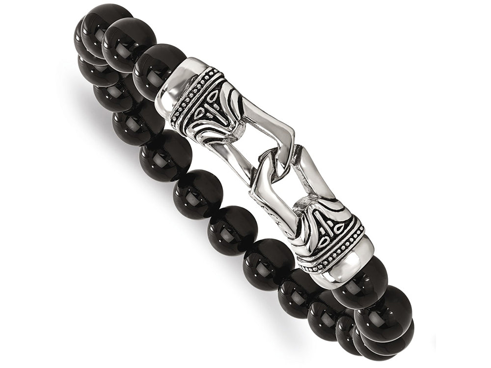 Chisel Stainless Steel Polished Antiqued Black Agate Stretch Bracelet