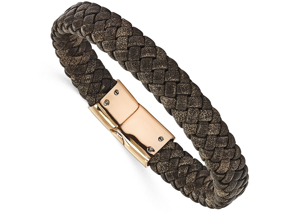 Chisel Stainless Steel Polished Rose Ip Braided Brown Leather Bracelet