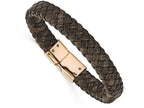 Chisel Stainless Steel Polished Rose Ip Braided Brown Leather Bracelet