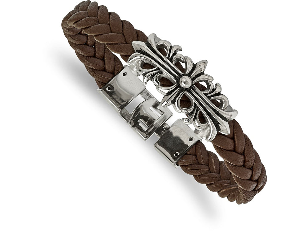 Chisel Stainless Steel Polished Antiqued Brown Leather Filigree Bracelet