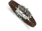 Chisel Stainless Steel Polished Antiqued Brown Leather Filigree Bracelet