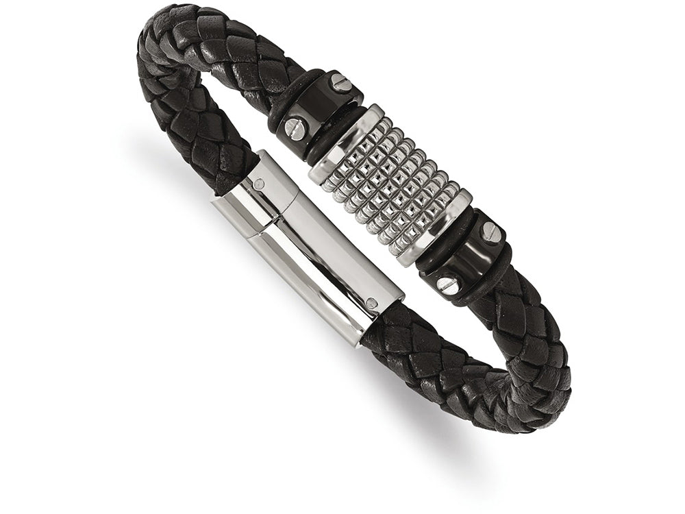 Chisel Stainless Steel Polished Black Ip Blk Leather Blk Rubber Bracelet