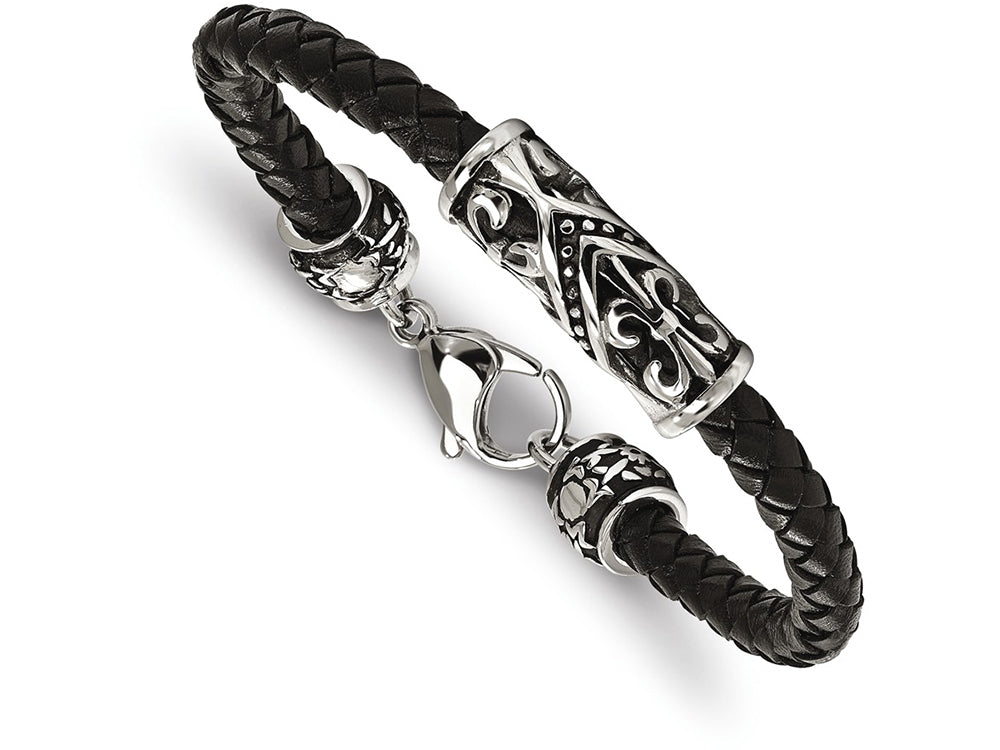 Chisel Stainless Steel Polished Antiqued Fleur De Lis Black Leather Bracelet
