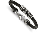 Chisel Stainless Steel Polished Antiqued Fleur De Lis Black Leather Bracelet