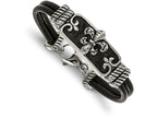 Chisel Stainless Steel Polished Antiqued Fleur De Lis Black Leather Bracelet