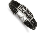 Chisel Stainless Steel Polished Antiqued Fleur De Lis Black Leather Bracelet
