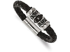 Chisel Stainless Steel Brushed/polished Antiqued Blk Ip Blk Leather Bracelet