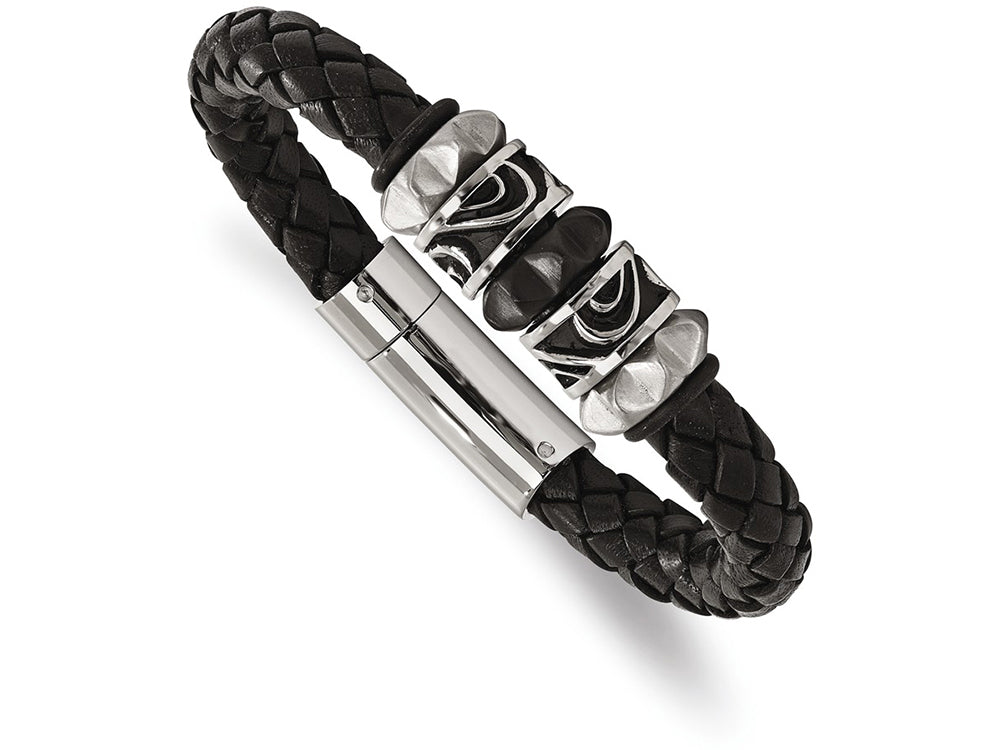 Chisel Stainless Steel Brushed/polished Antiqued Blk Ip Blk Leather Bracelet