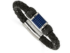 Chisel Stainless Steel Polished Blk and Blue Ip Blk Rubber Blk Leather Bracelet