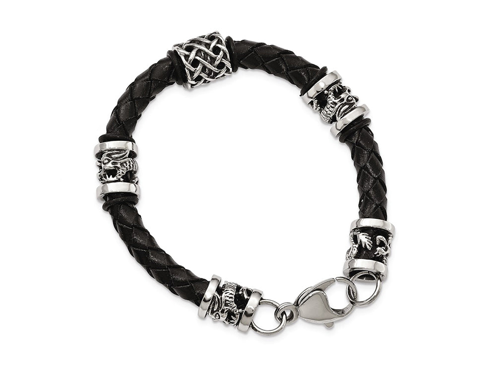 Chisel Stainless Steel Polished Antiqued Dragon Black Braided Leather Bracelet
