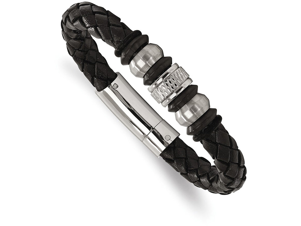 Chisel Stainless Steel Brushed/polished Blk Leather Blk Ip Blk Rubber Bracelet