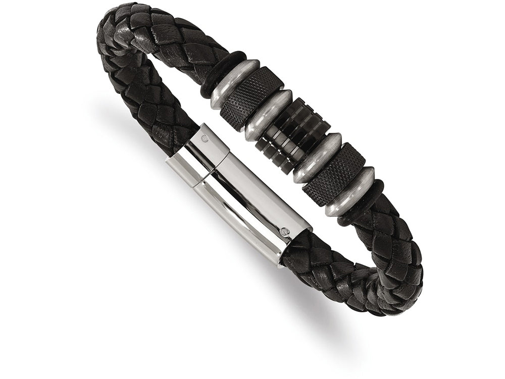 Chisel Stainless Steel Brushed/polished Blk Leather Blk Ip Blk Rubber  Bracelet