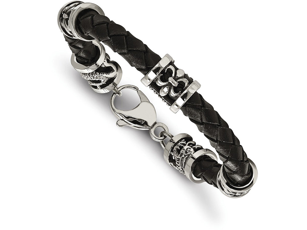 Chisel Stainless Steel Polished Antiqued Fleur De Lis/dragon Blk Leather Bracelet