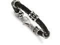 Chisel Stainless Steel Polished Antiqued Fleur De Lis/dragon Blk Leather Bracelet