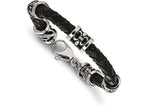 Chisel Stainless Steel Polished Antiqued Fleur De Lis/dragon Blk Leather Bracelet