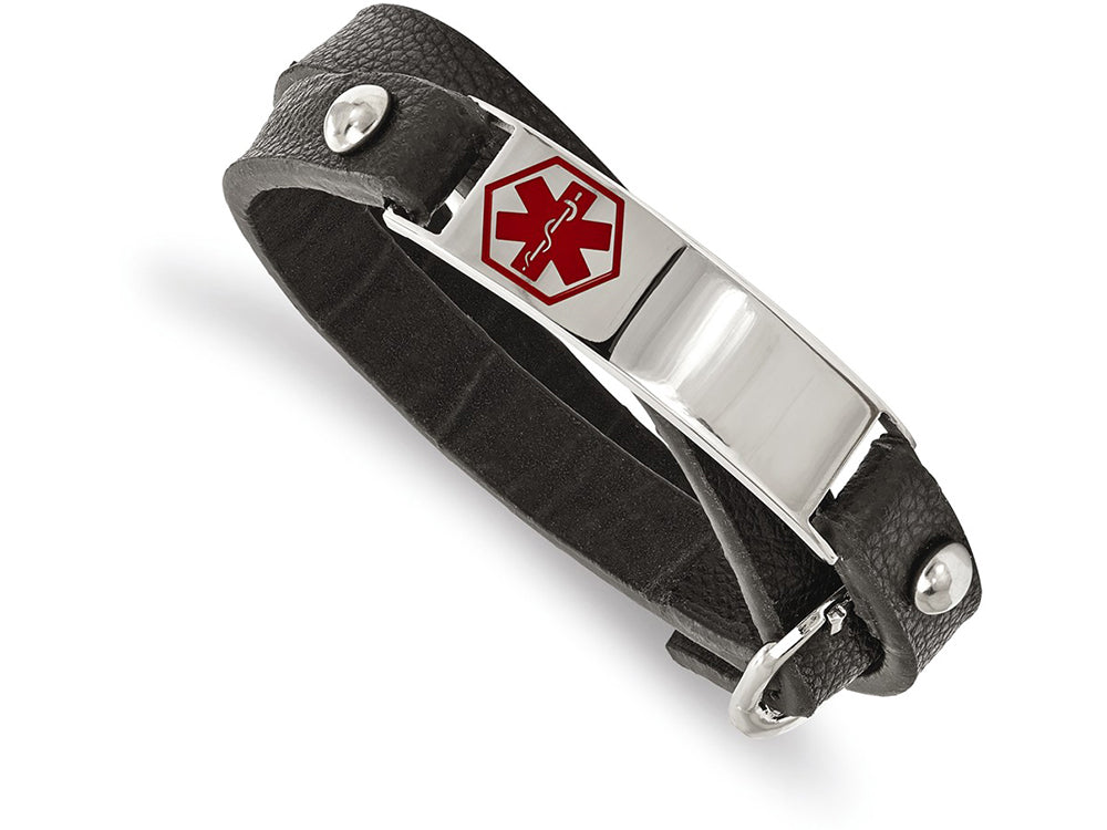 Chisel Stainless Steel Polished Enamel Leather Wrap Medical Adj Bracelet