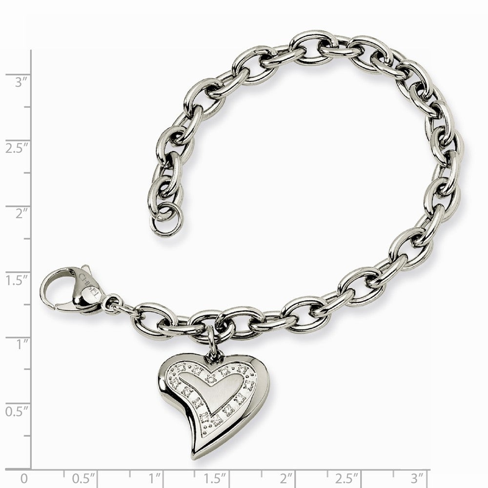 Chisel Stainless Steel CZ Heart Charm Fancy 7.5in Bracelet