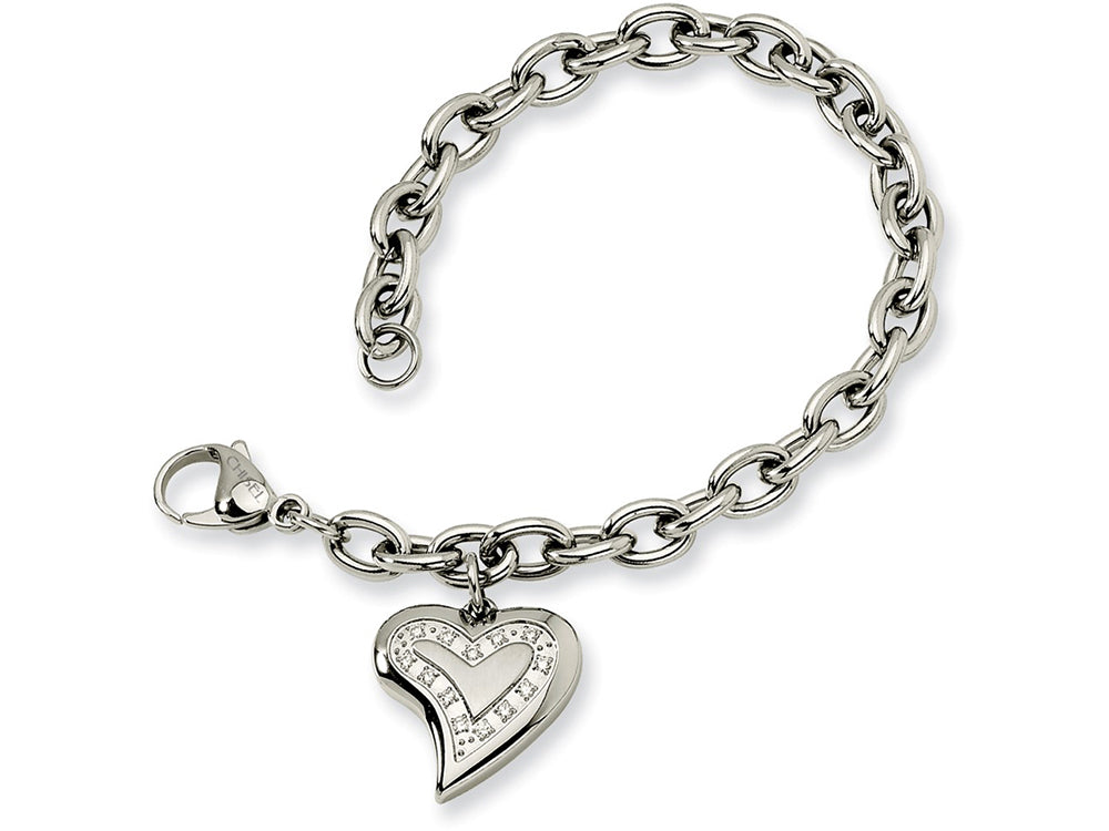 Chisel Stainless Steel CZ Heart Charm Fancy 7.5in Bracelet