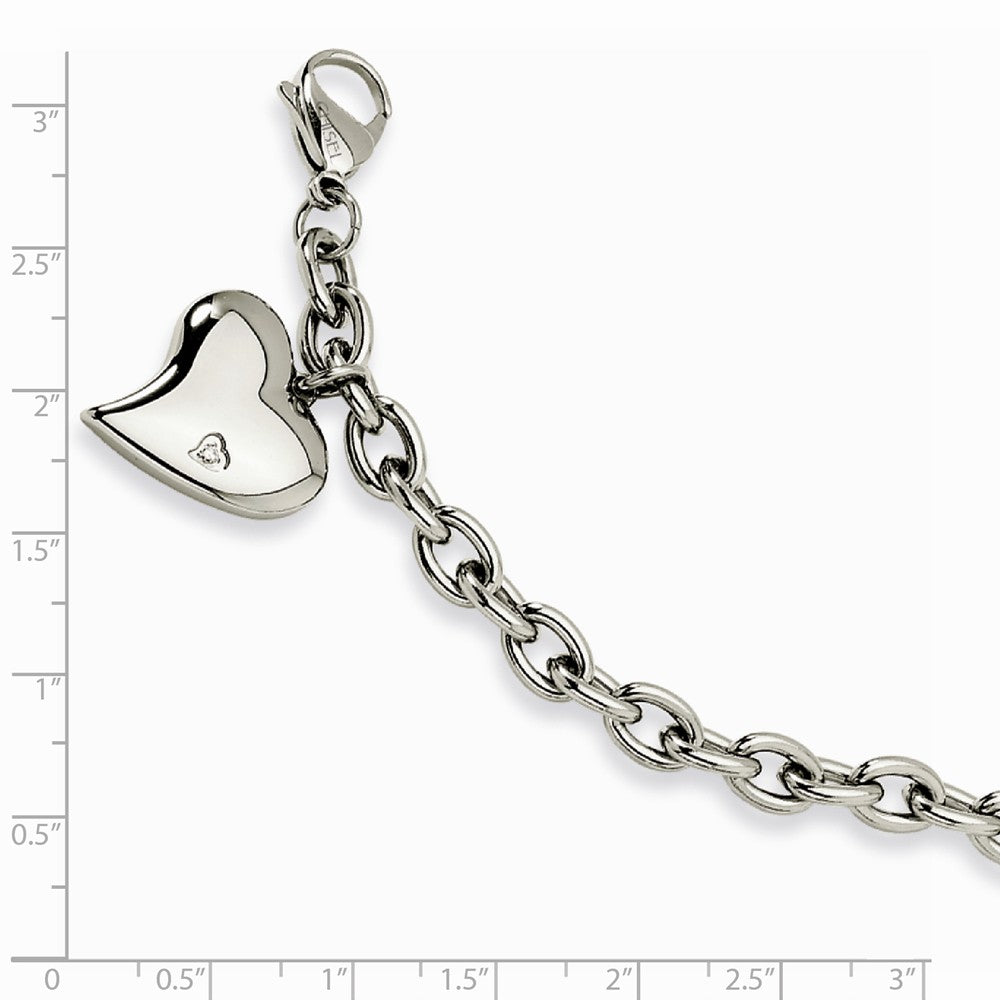 Chisel Stainless Steel CZ Heart Charm Fancy 7.5in Bracelet
